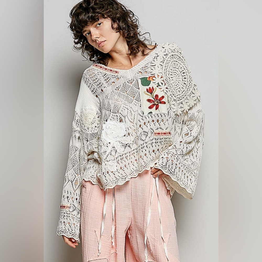 POL Cream V-Neck Oversized Floral Patchwork Crochet Top - Picture 2 of 6